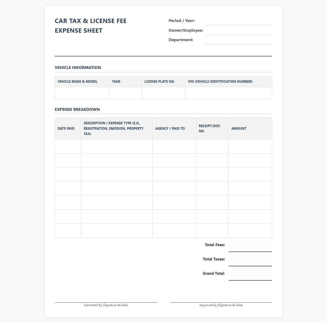 Car Tax and License Fee Expense Sheet