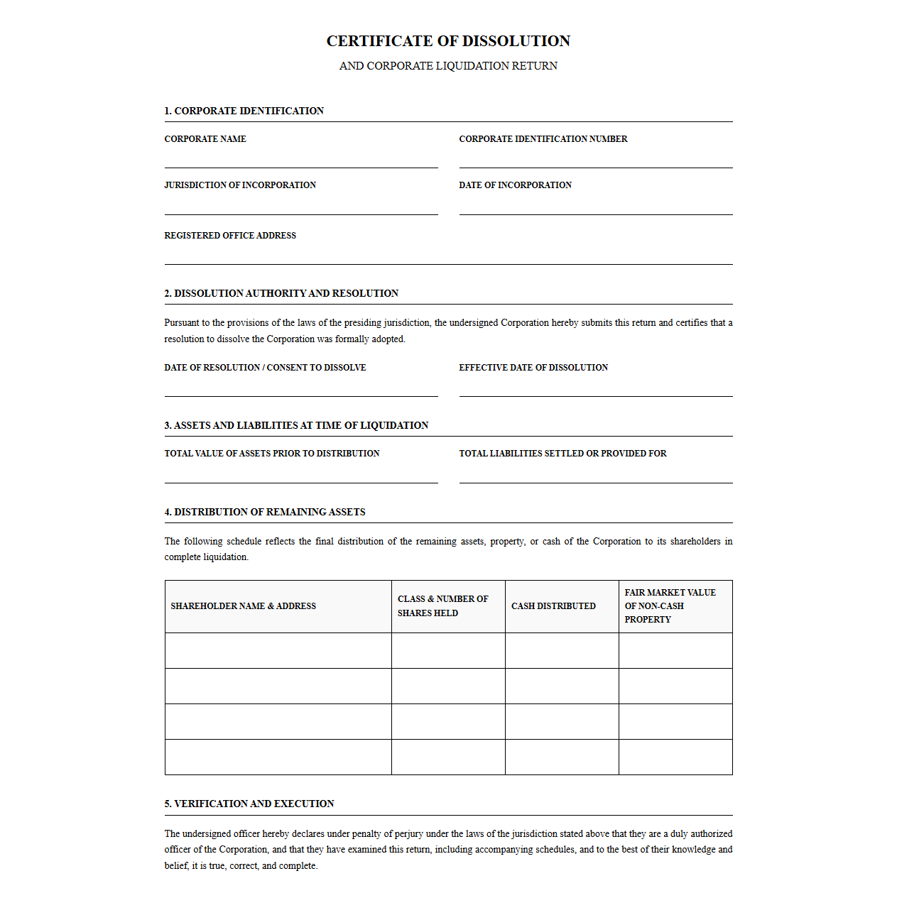 Certificate of Dissolution and Corporate Liquidation Return