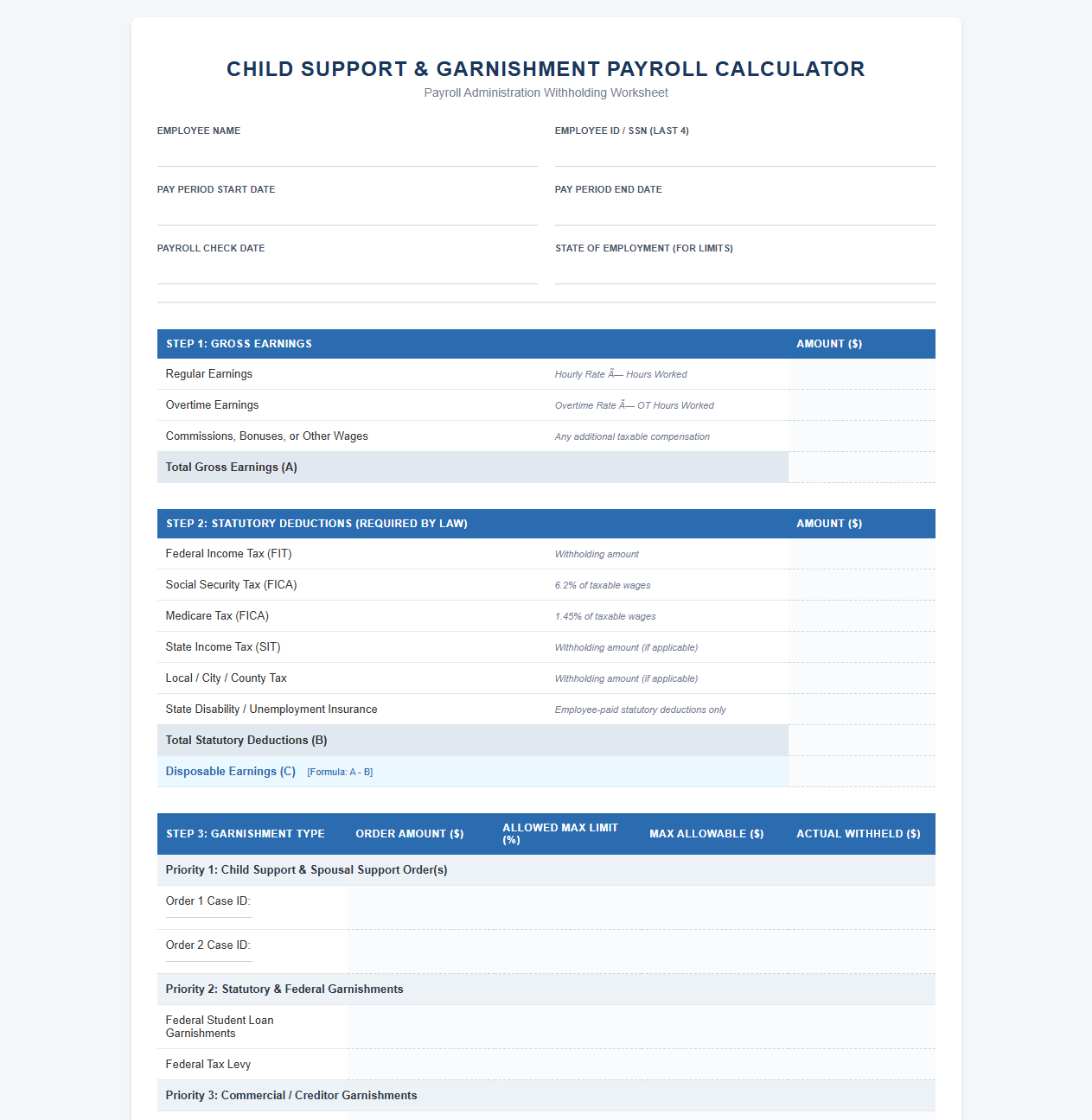 Child Support and Garnishment Payroll Calculator