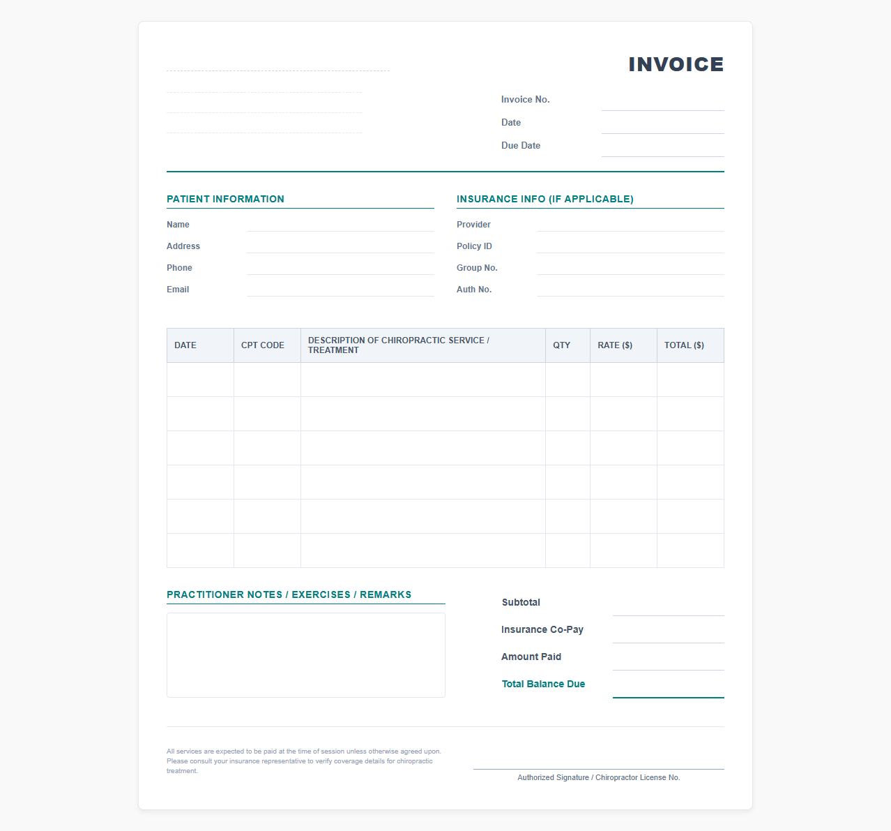 Chiropractor Services Billing and Payment Template
