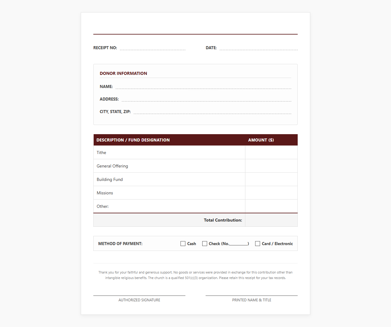 Church Tithe and Offering Receipt Template