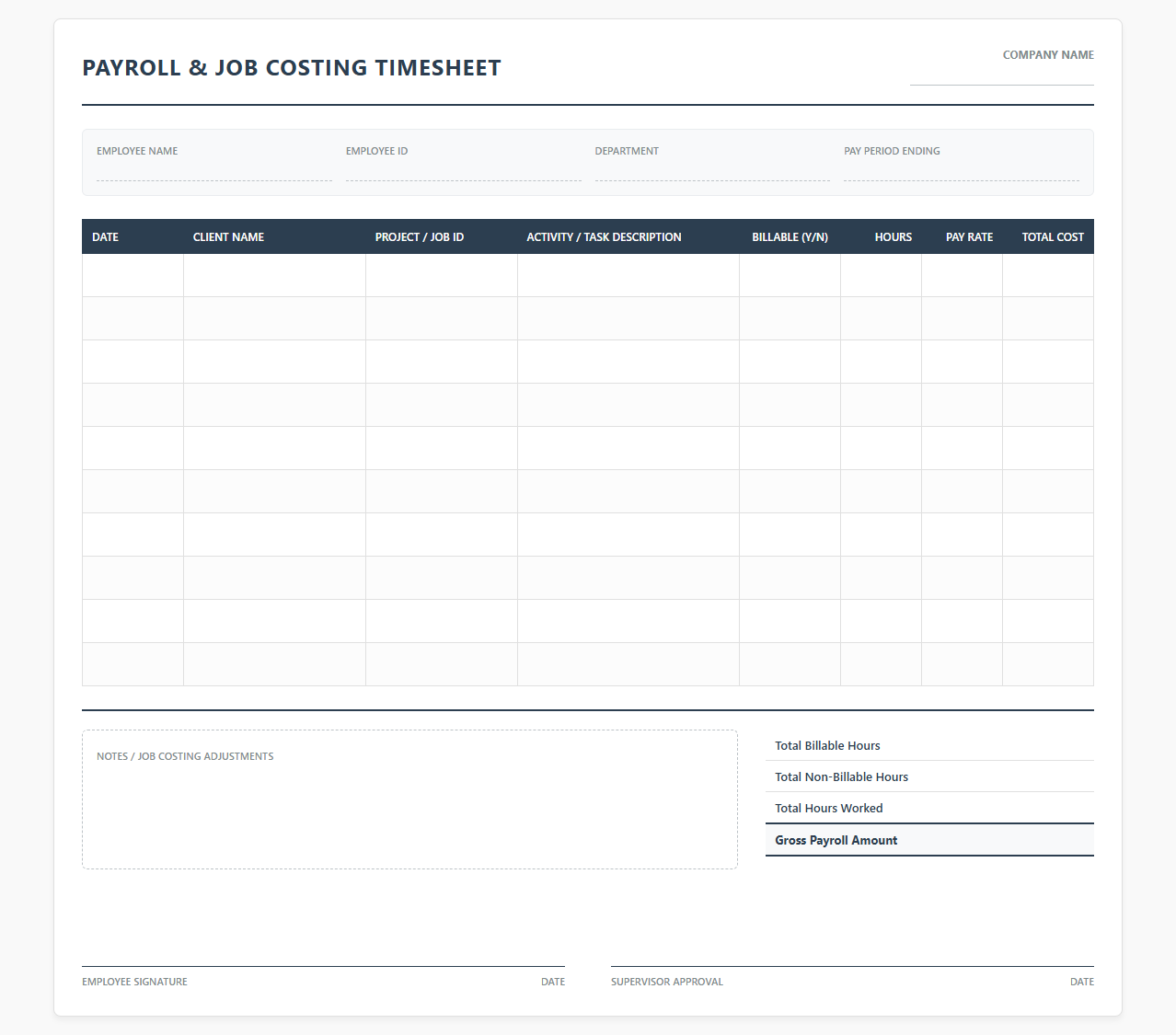 Client Billable Hours and Payroll Template