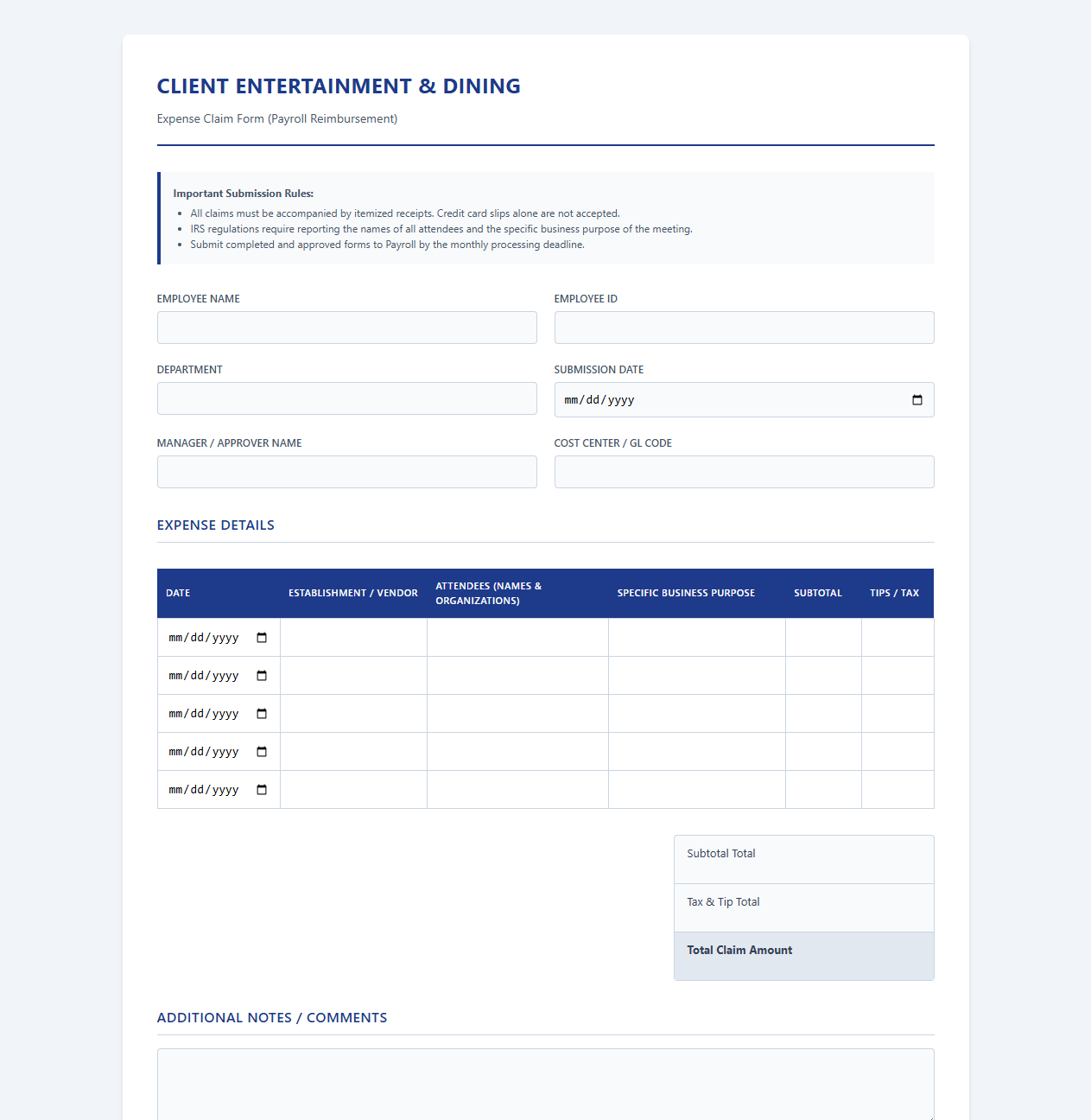 Client Entertainment and Dining Expense Claim Form