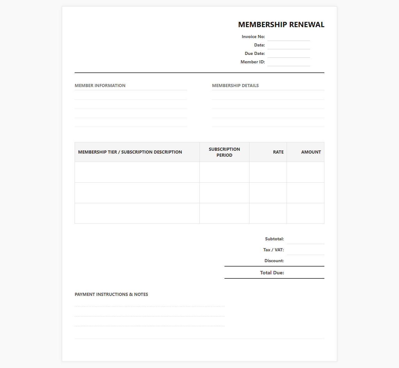 Club Membership Renewal Invoice Template