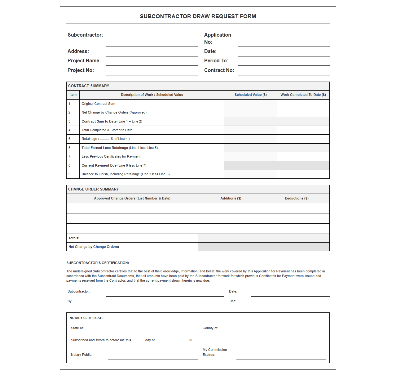 Commercial Construction Subcontractor Draw Request Form
