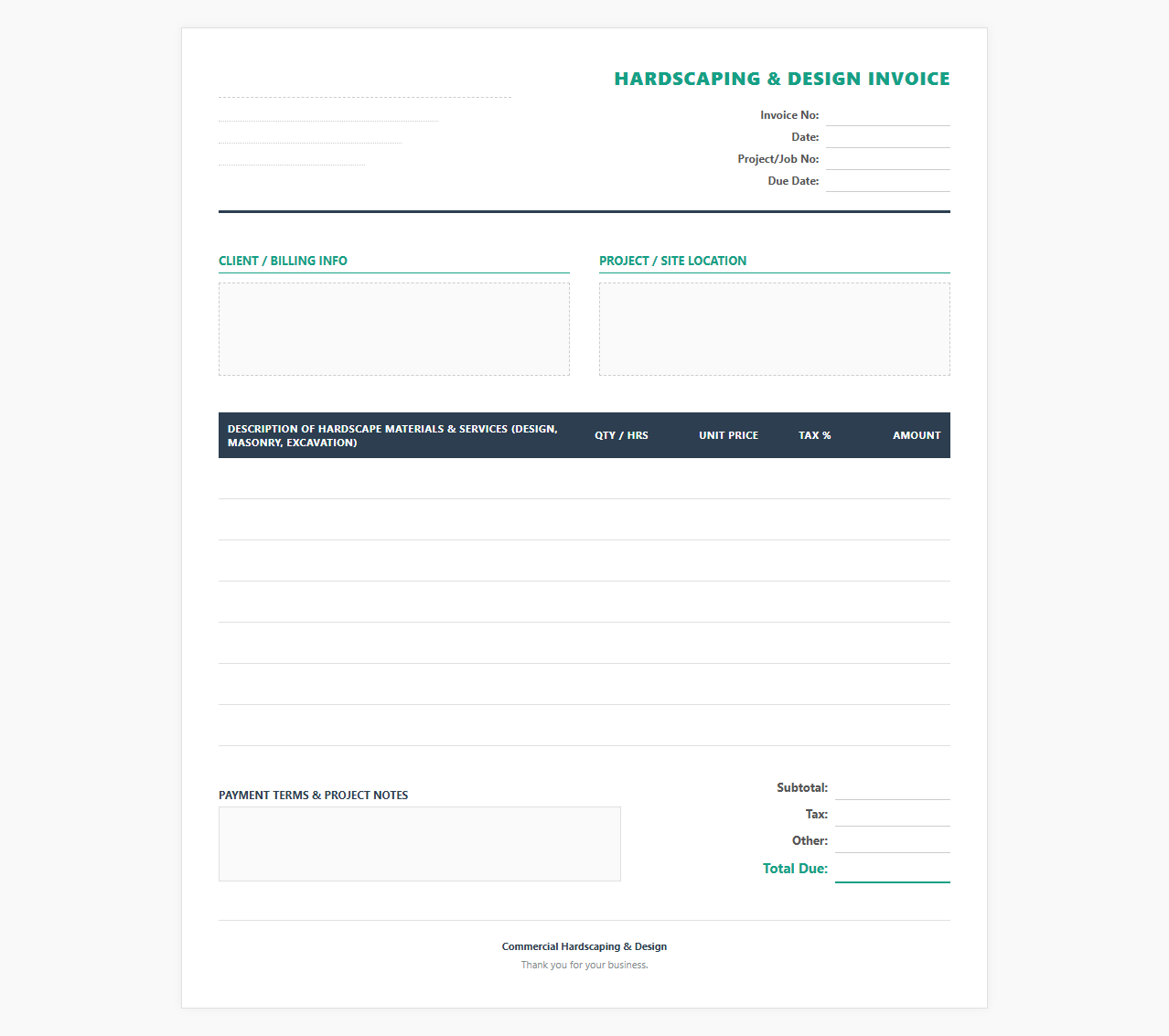Commercial Hardscaping and Design Billing Invoice
