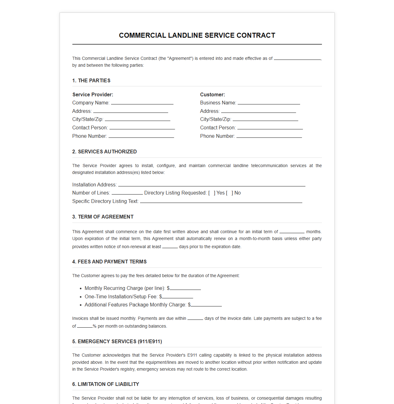 Commercial Landline Service Contract