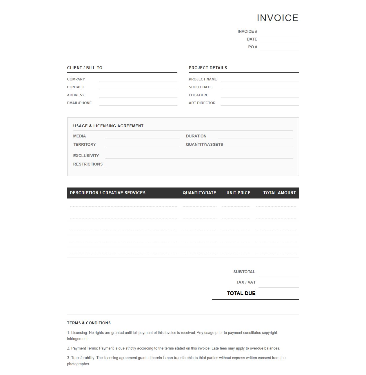 Commercial Photography Invoice with Licensing Fees