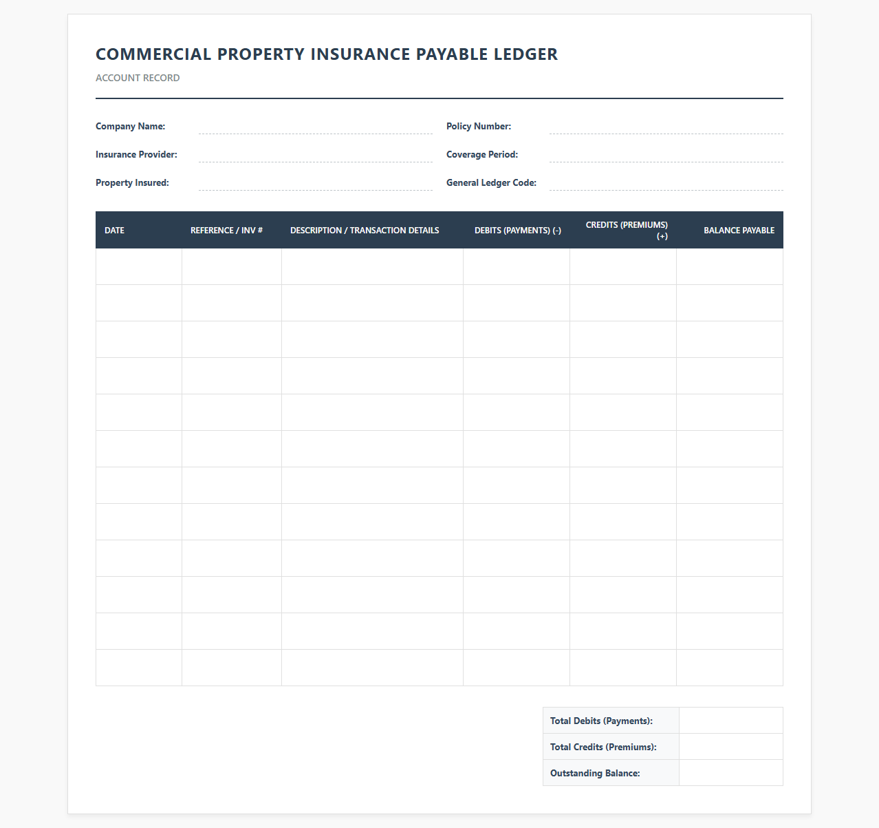 Commercial Property Insurance Payable Ledger