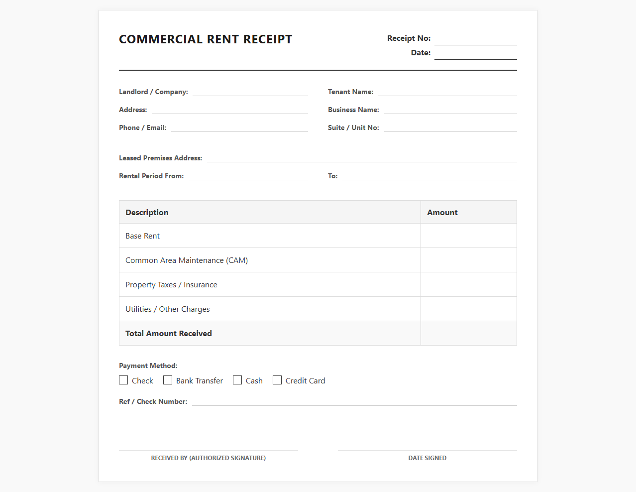 Commercial Property Rent Receipt Template