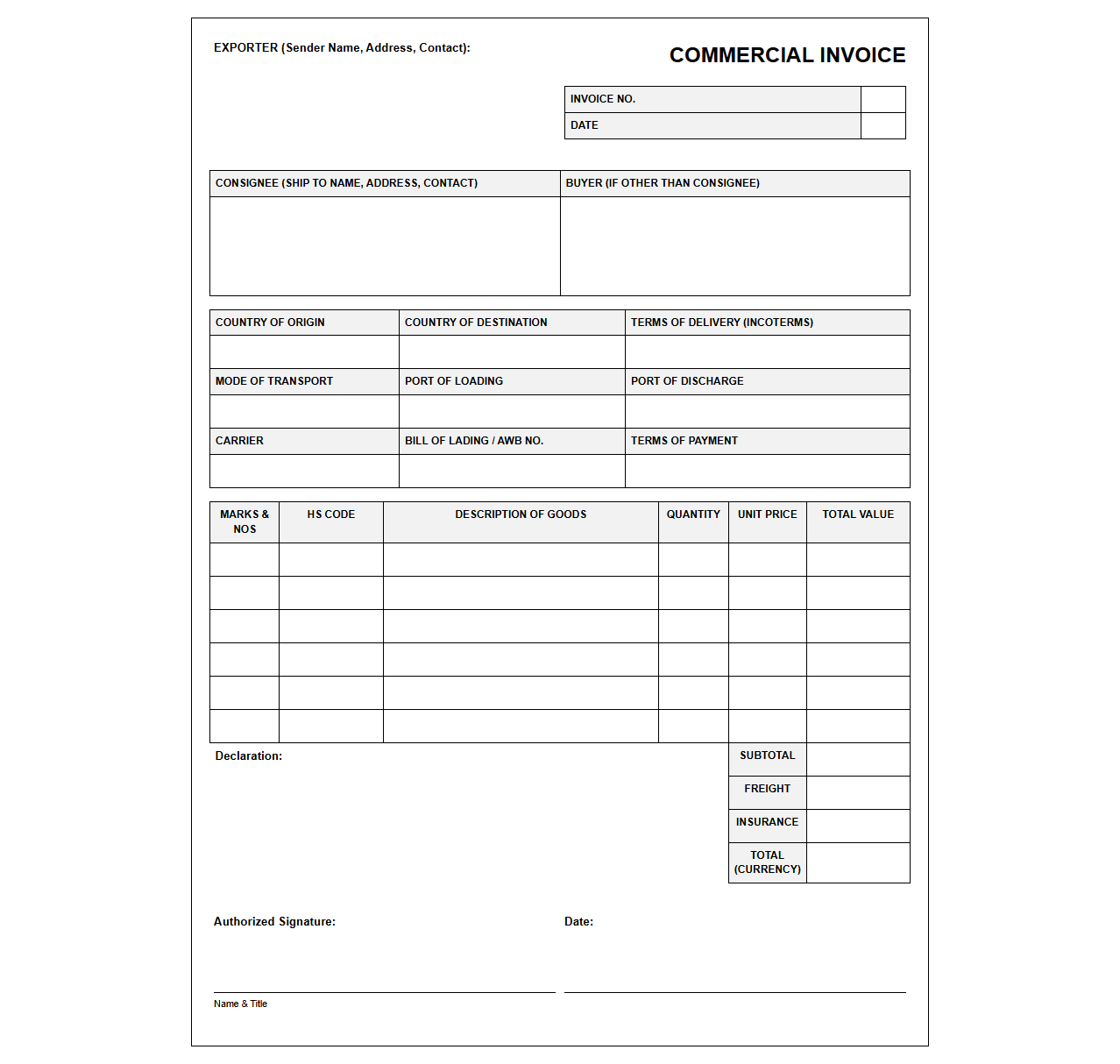 Commercial Trade Invoice Template