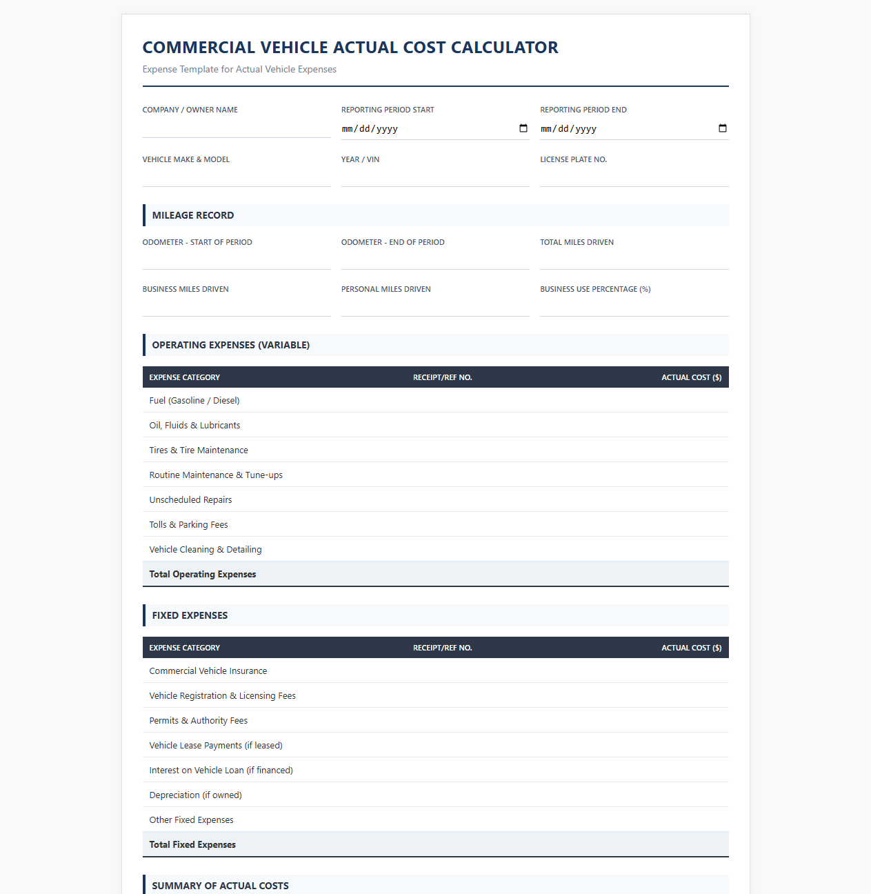 Commercial Vehicle Actual Cost Calculator