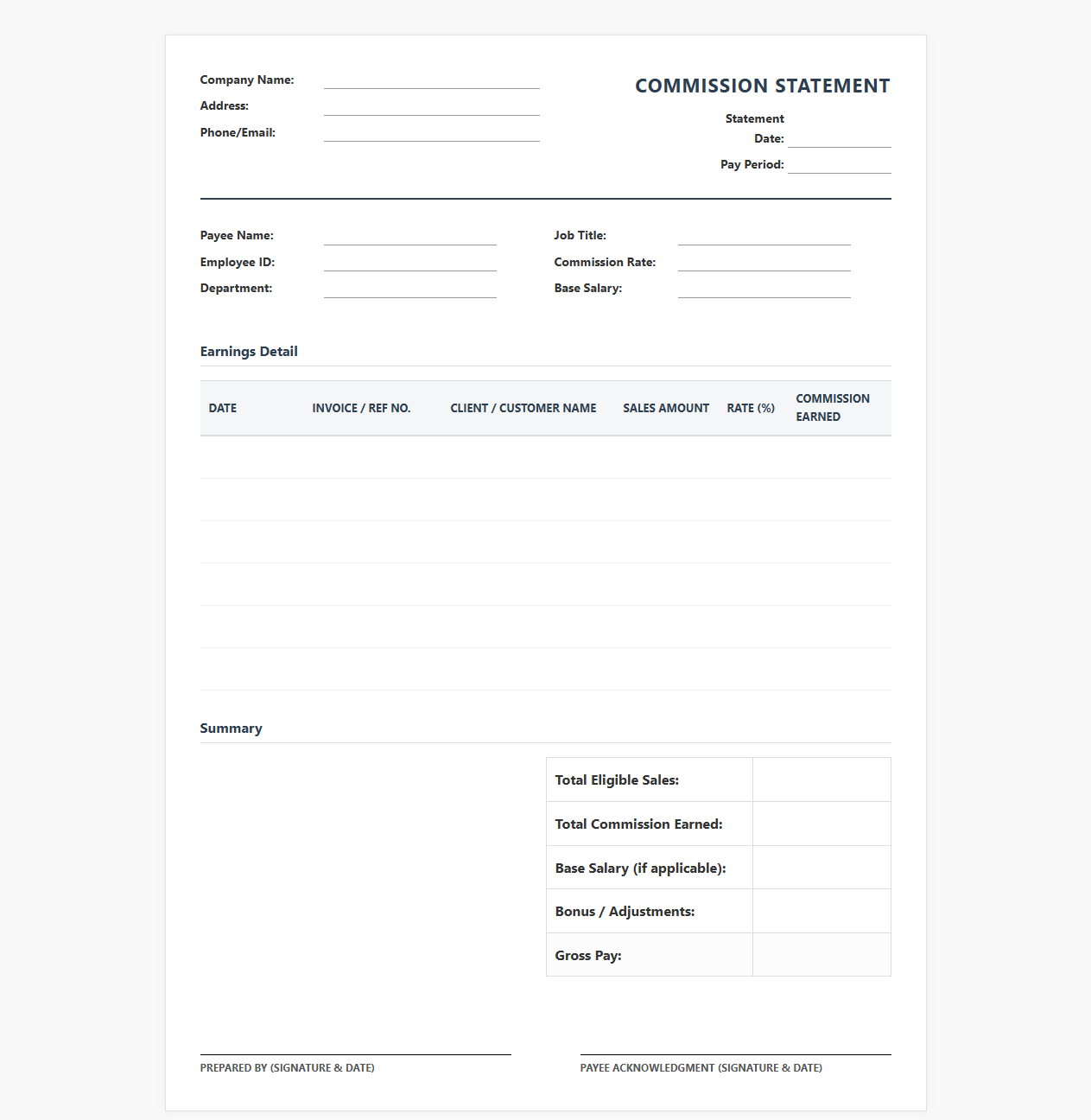 Commission Earnings Statement Template