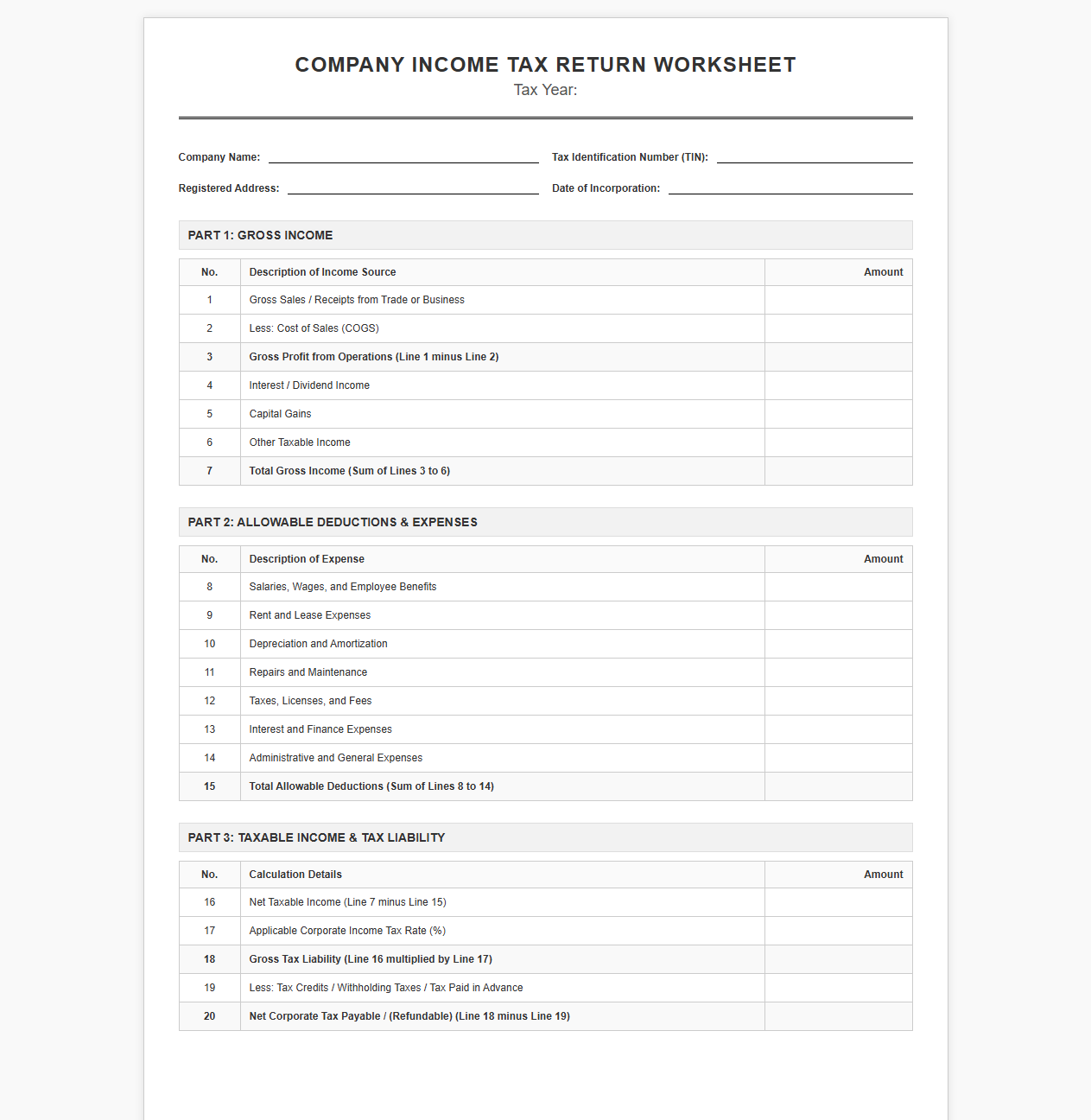 Company Income Tax Return Worksheet
