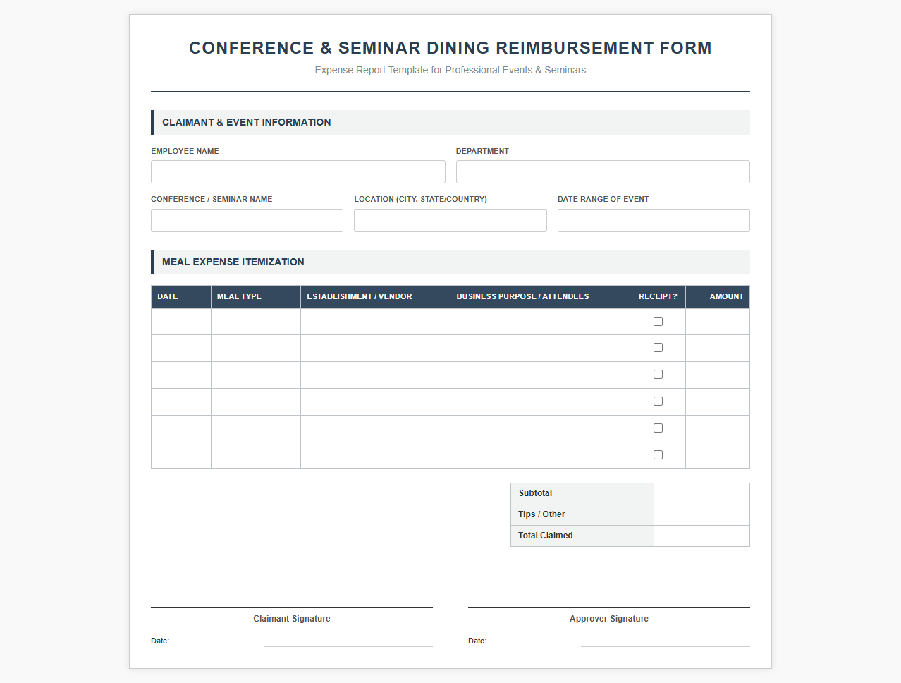 Conference and Seminar Dining Reimbursement Form