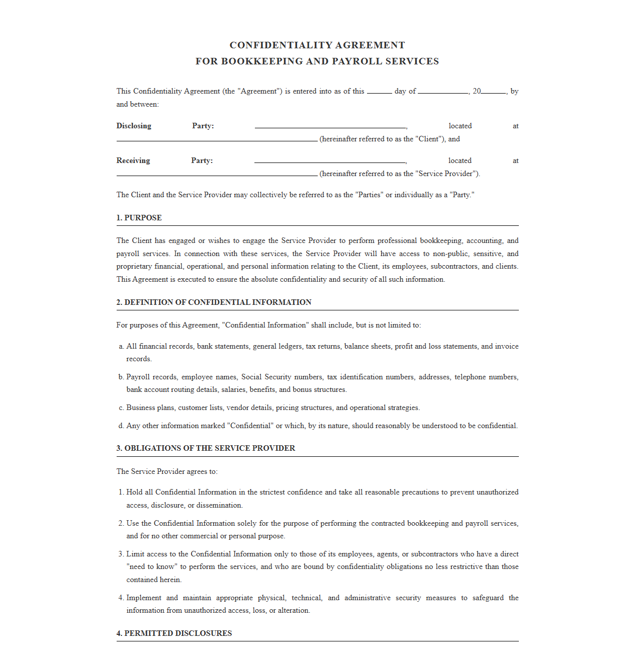 Confidentiality Agreement for Bookkeeping and Payroll Services