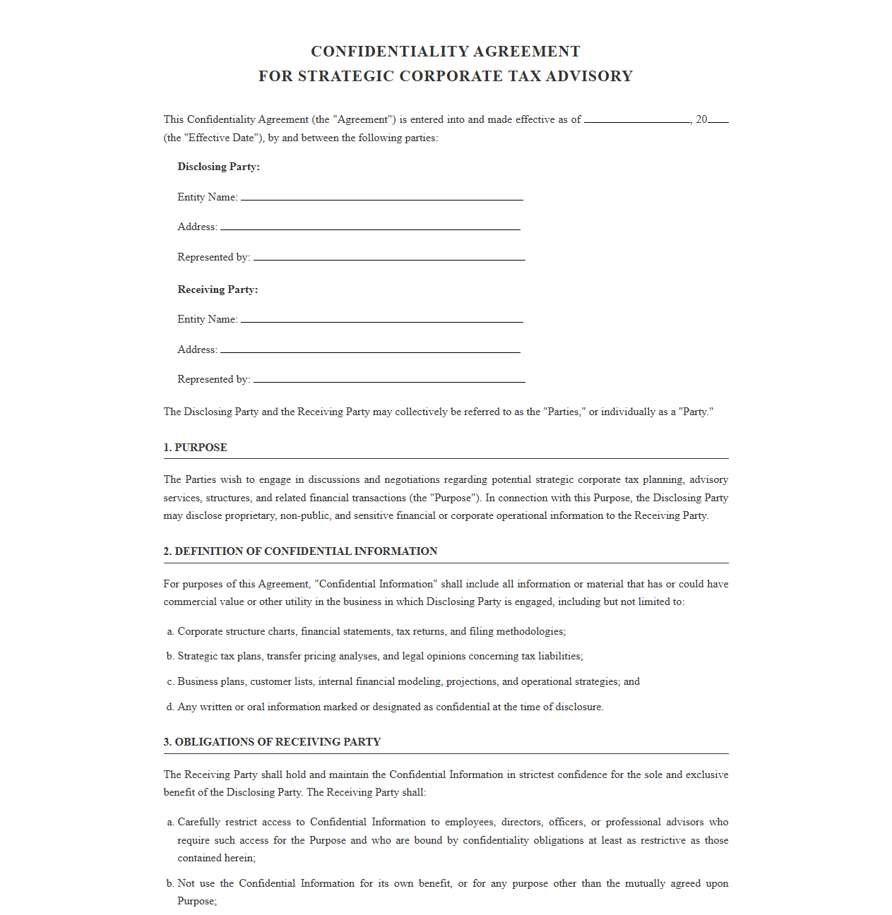 Confidentiality Agreement for Strategic Corporate Tax Advisory