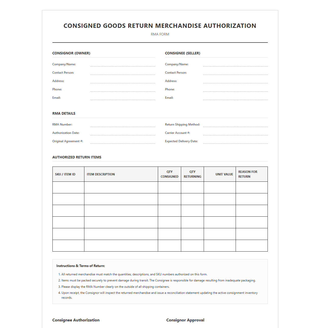 Consigned Goods Return Merchandise Authorization Template