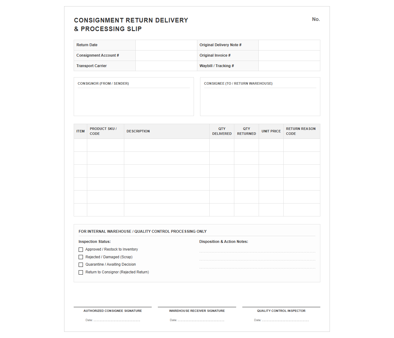 Consignment Return Delivery and Processing Slip