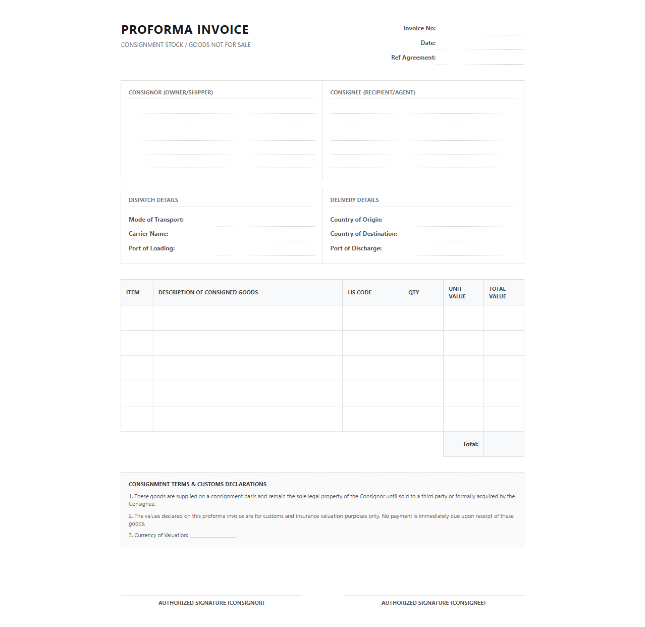 Consignment Stock Proforma Invoice Template