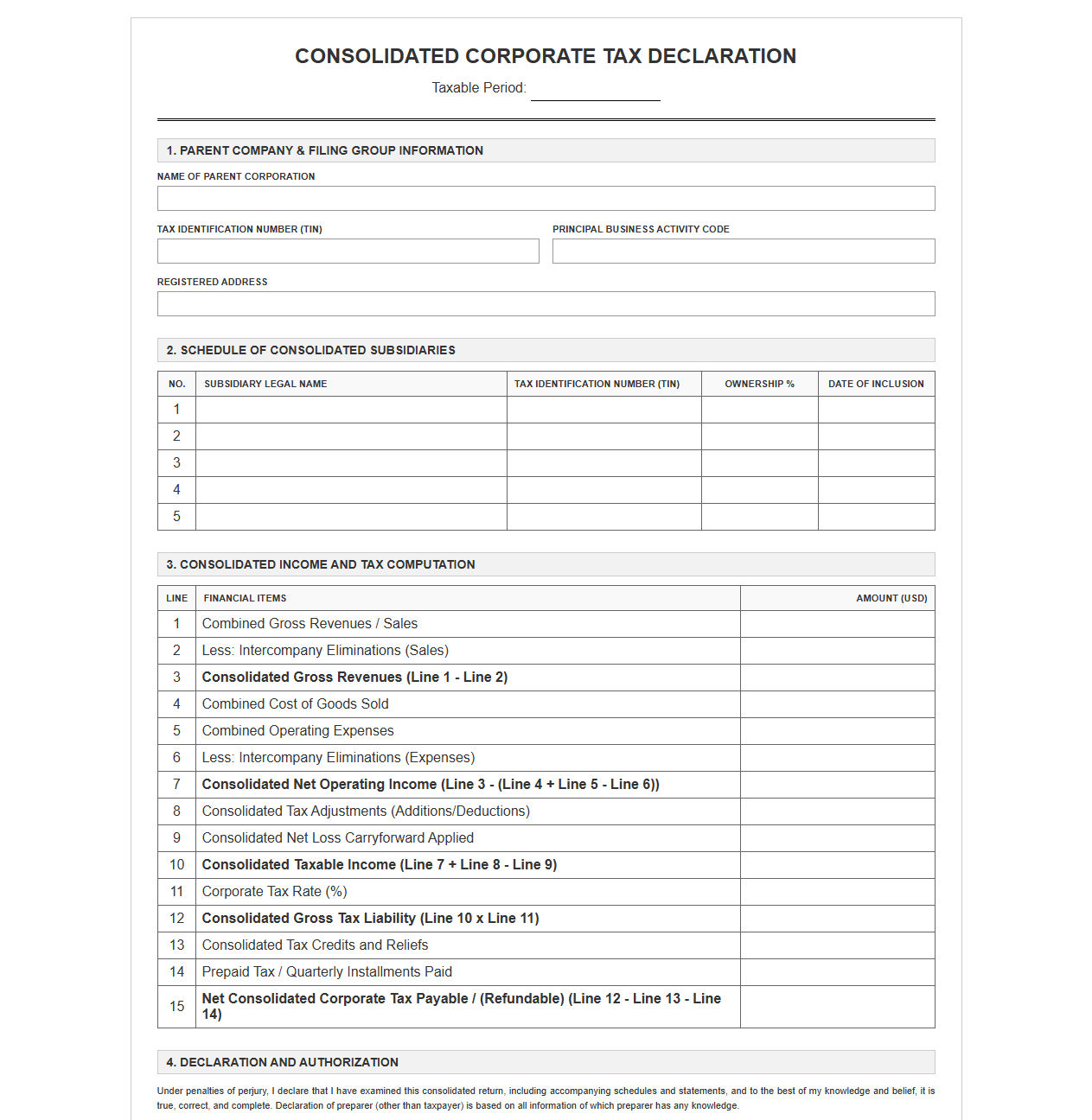 Consolidated Corporate Tax Declaration Sheet