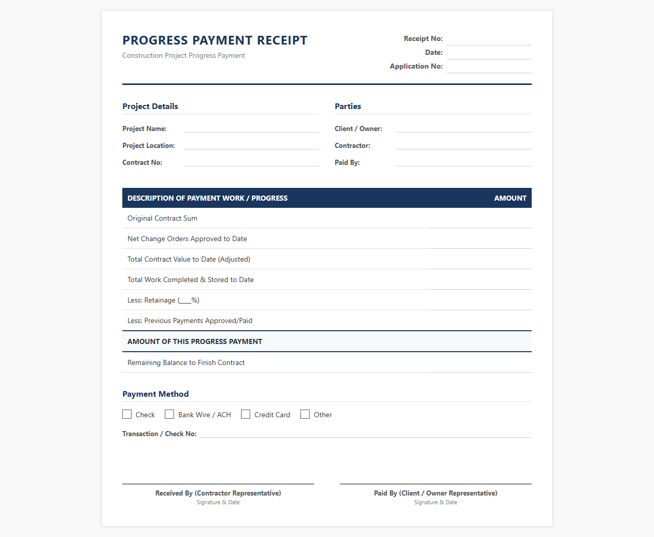 Construction Project Progress Payment Receipt Template