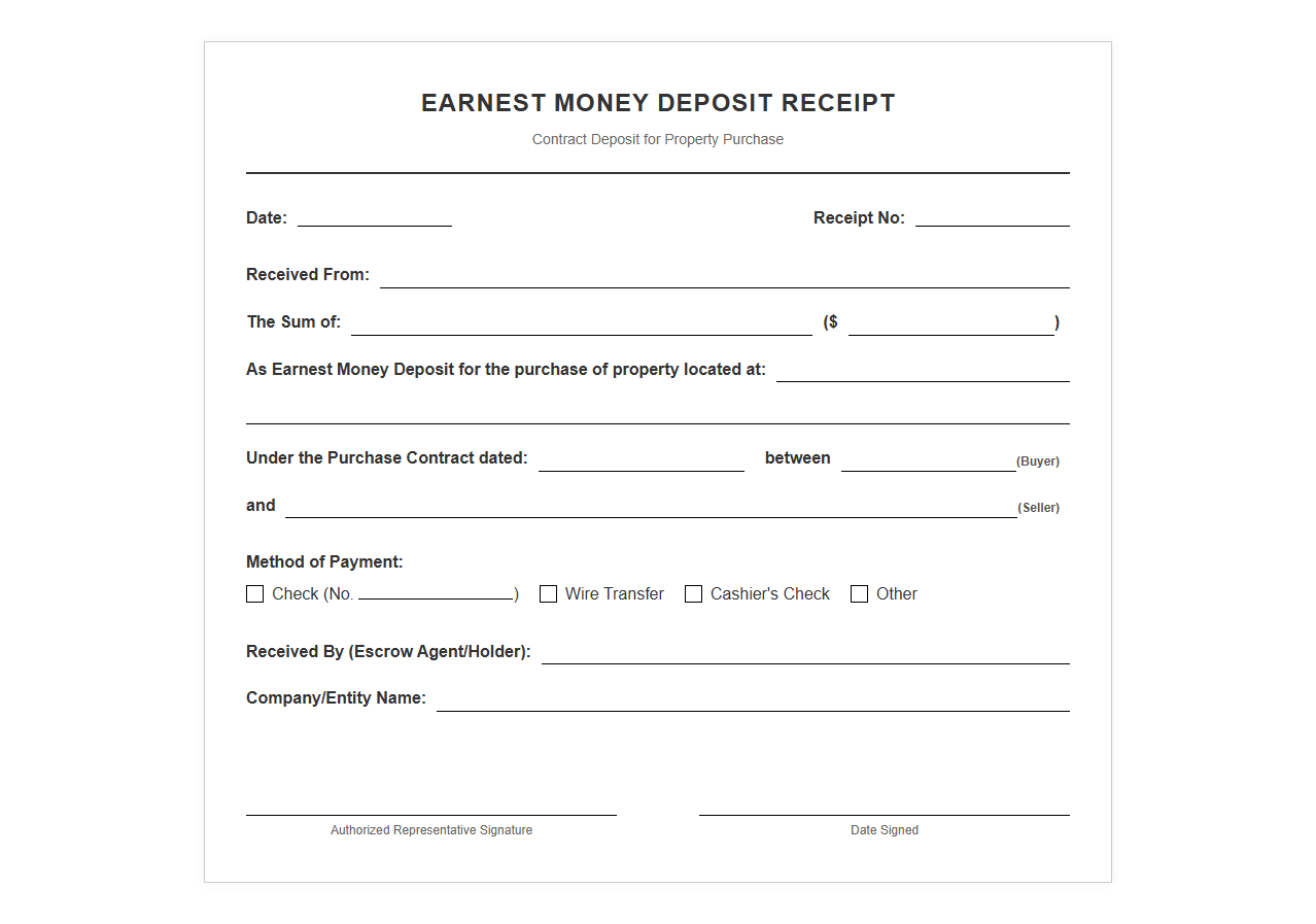 Contract Deposit Receipt for Property Purchase