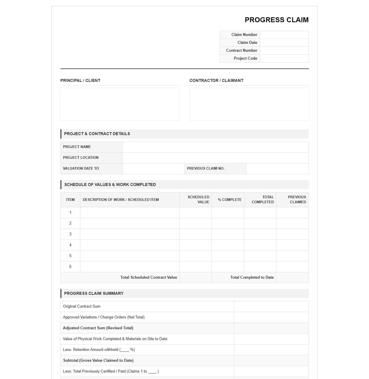 Contract Progress Claim Invoice Template