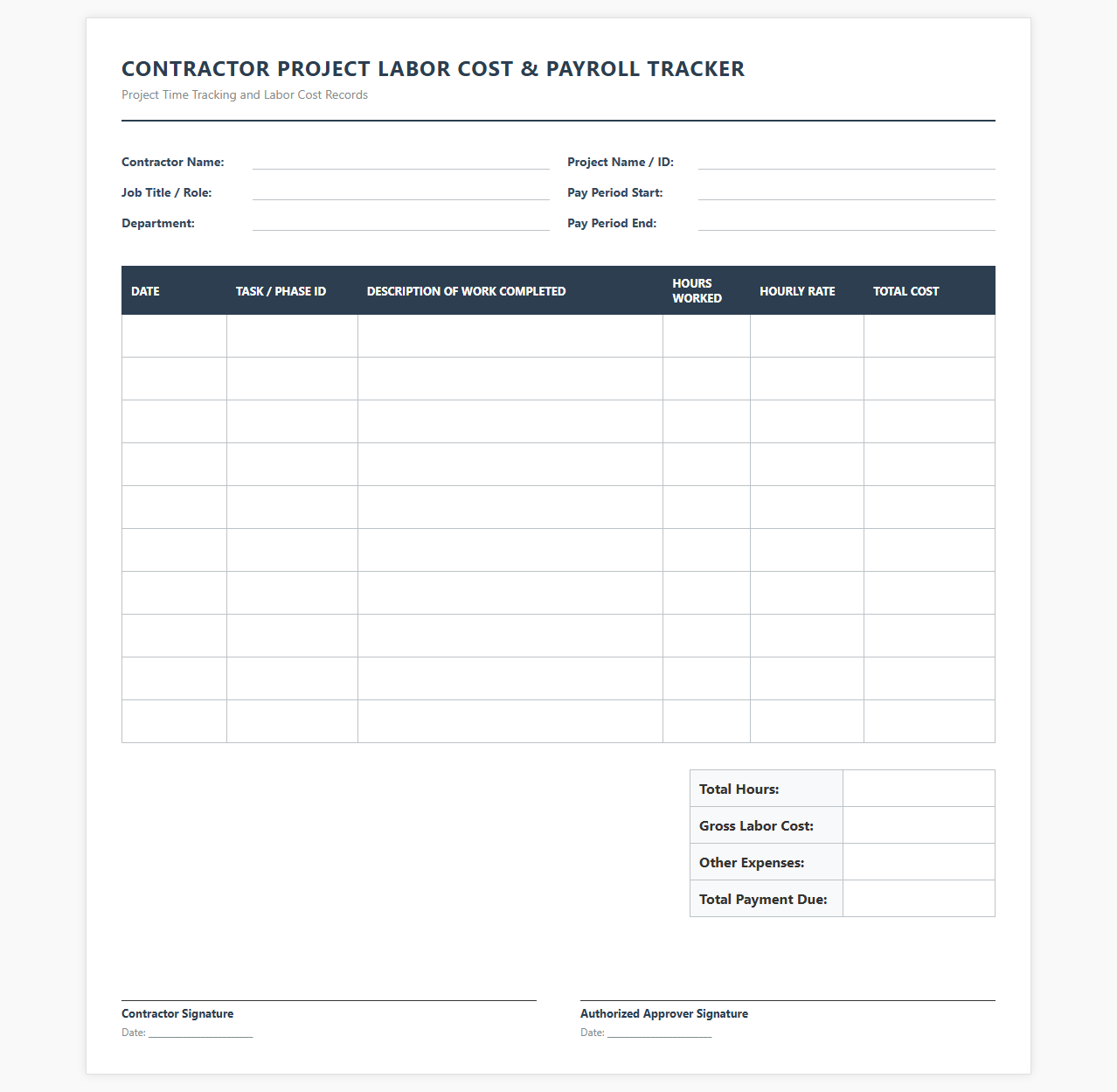 Contractor Project Labor Cost and Payroll Tracker