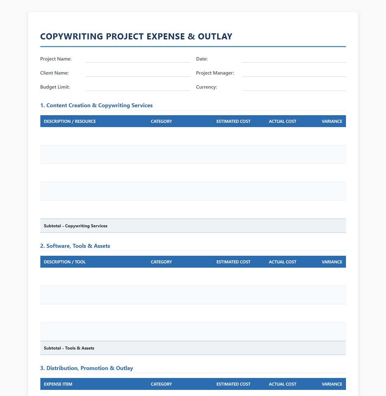 Copywriting Project Expense and Outlay Template