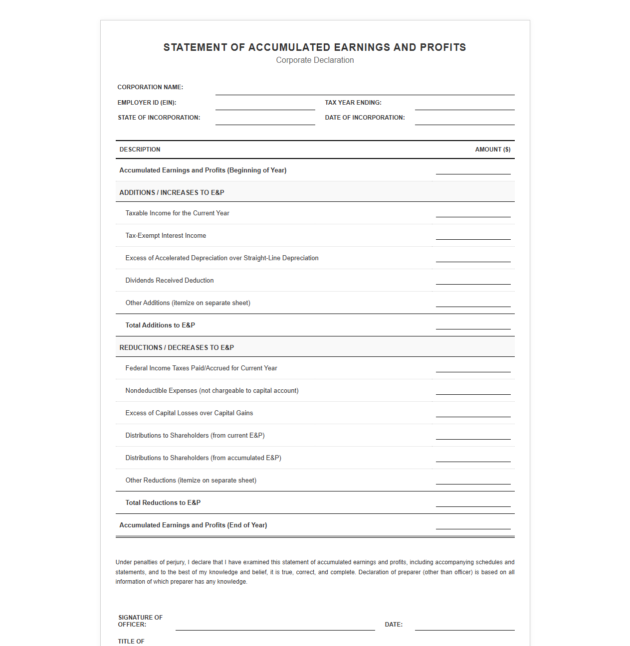 Corporate Accumulated Earnings and Profits Declaration