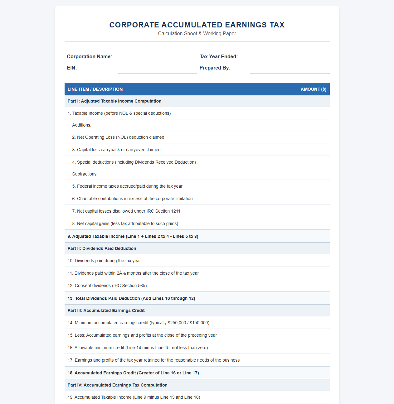 Corporate Accumulated Earnings Tax Calculation Sheet