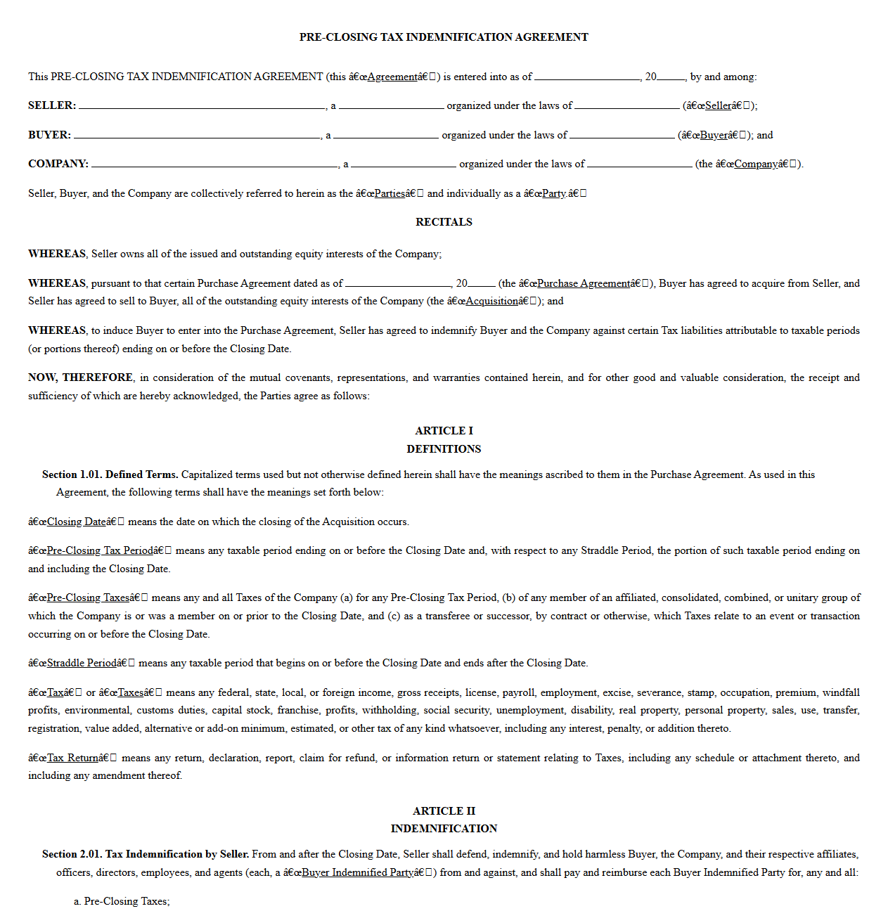 Corporate Acquisition Pre-Closing Tax Indemnification Agreement