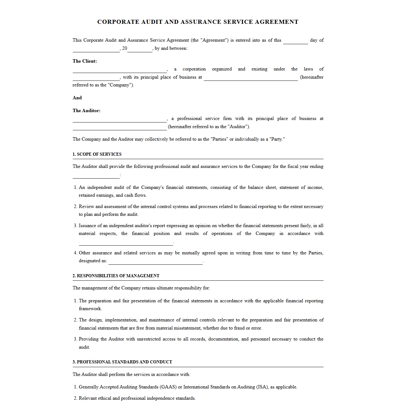 Corporate Audit and Assurance Service Agreement Template