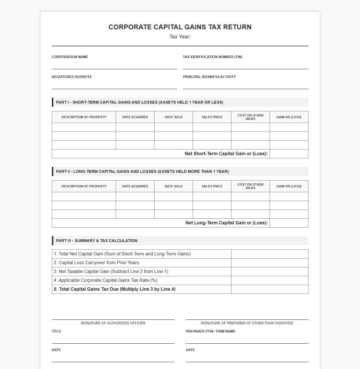 Corporate Capital Gains Tax Filing Template