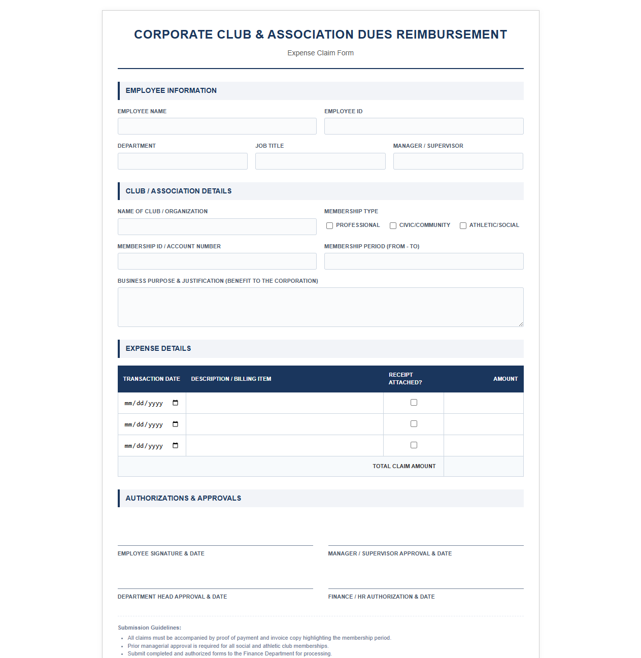 Corporate Club Membership Expense Reimbursement Form