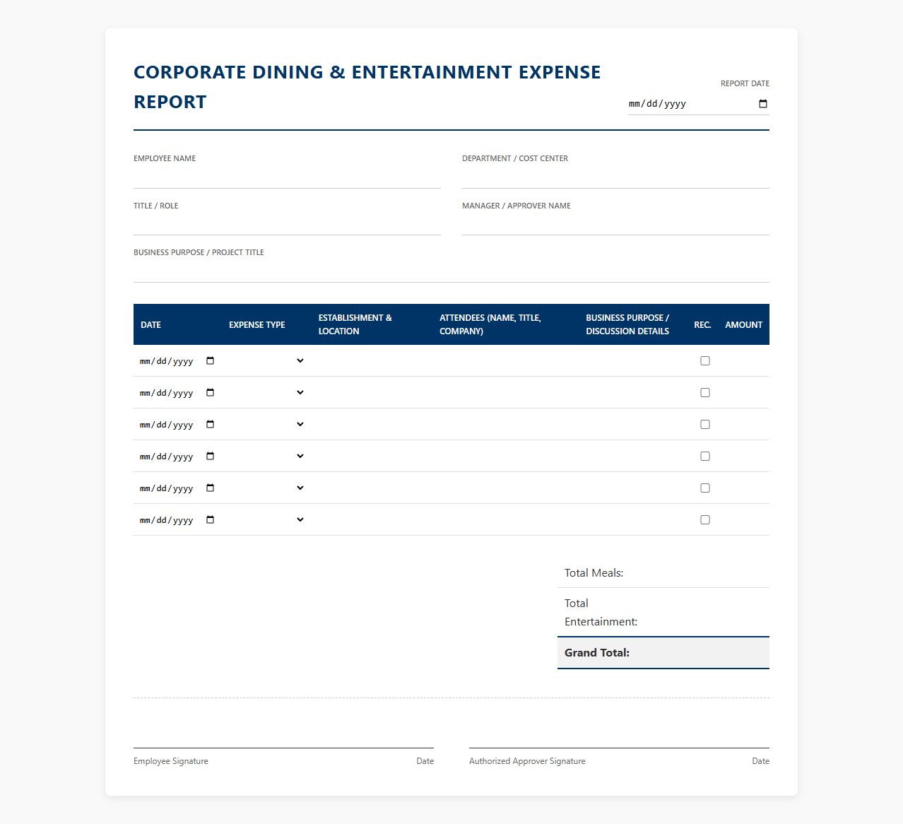 Corporate Dining and Entertainment Expense Template