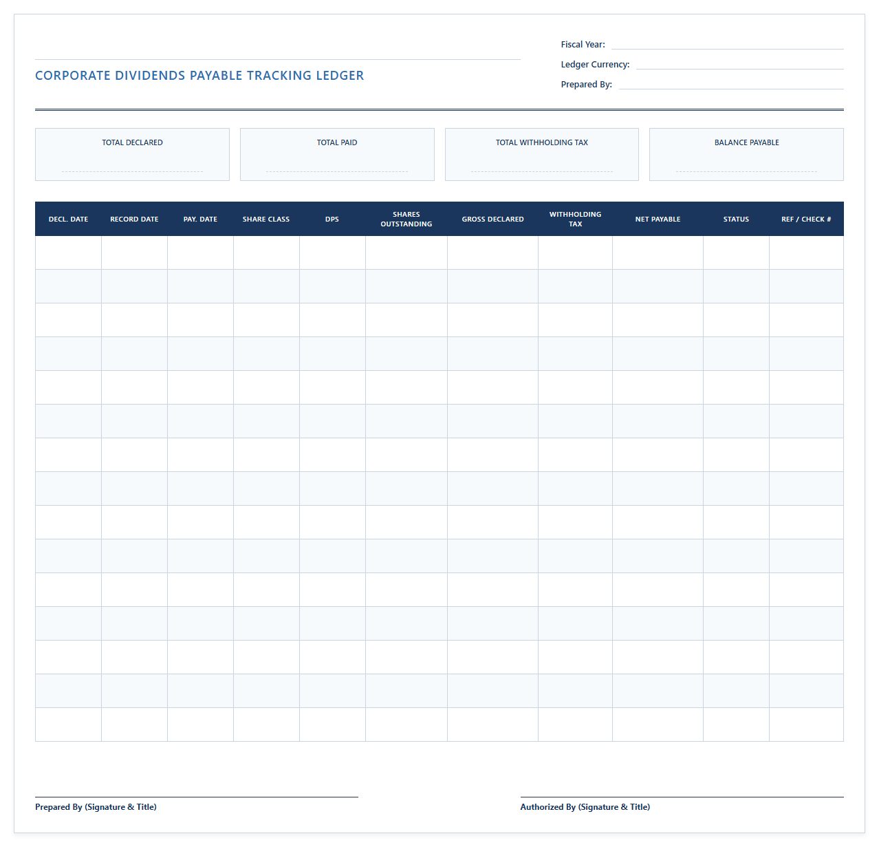 Corporate Dividends Payable Tracking Ledger