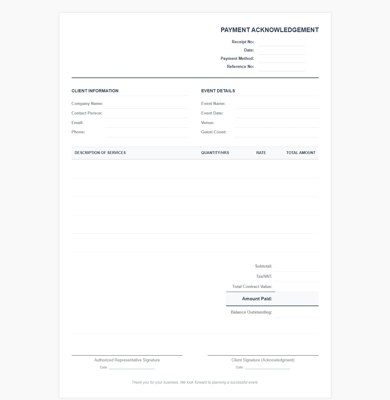 Corporate Event Planner Payment Acknowledgement