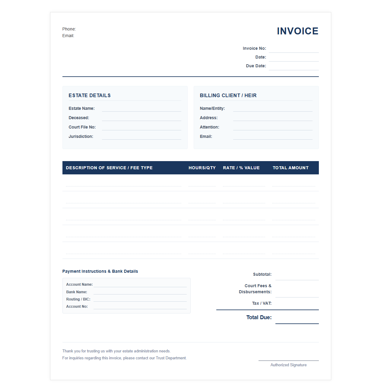 Corporate Executor and Estate Administration Invoice