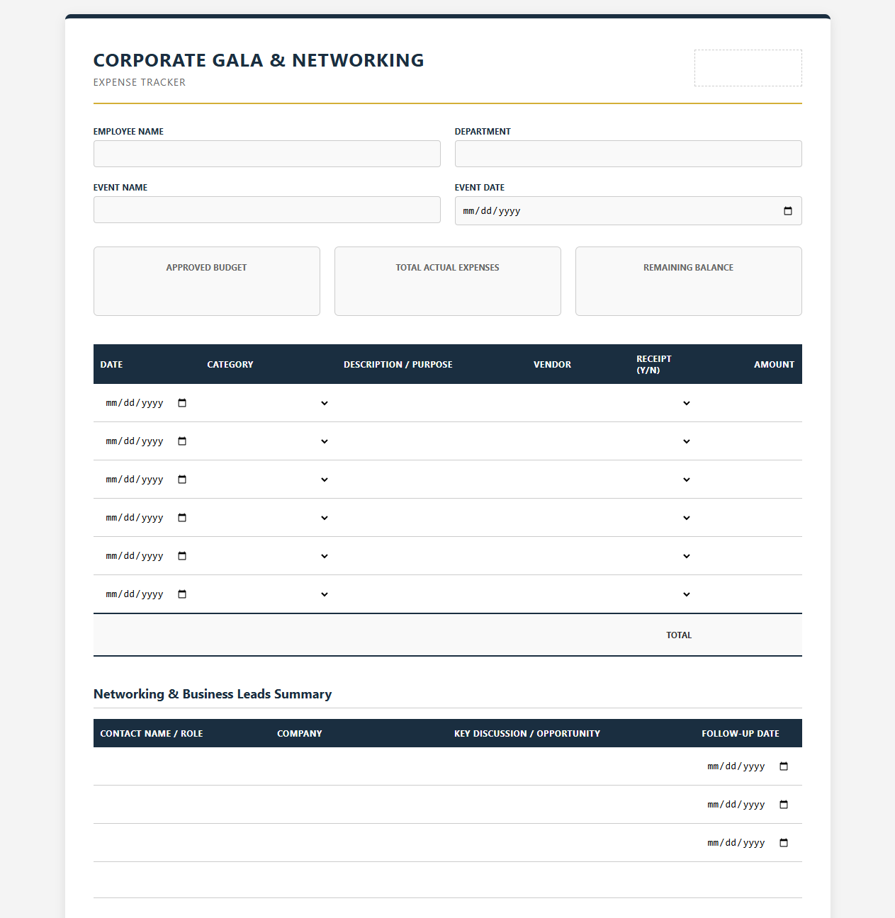 Corporate Gala and Networking Expense Tracker