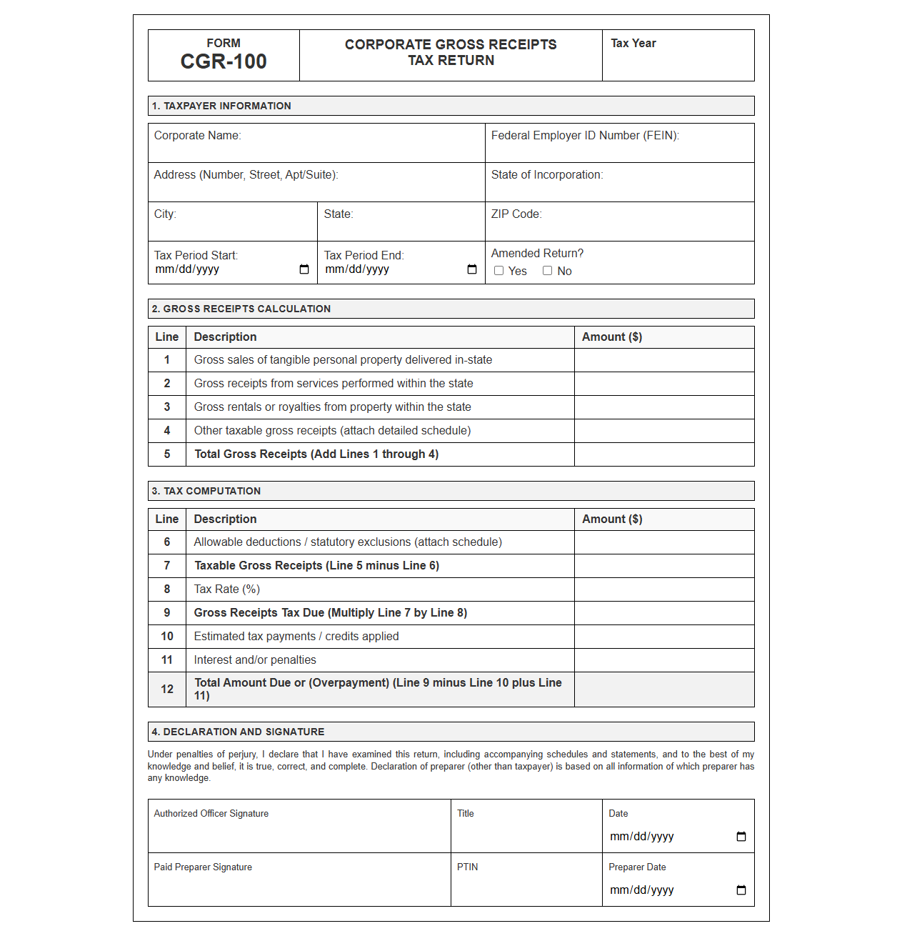 Corporate Gross Receipts Tax Return Form