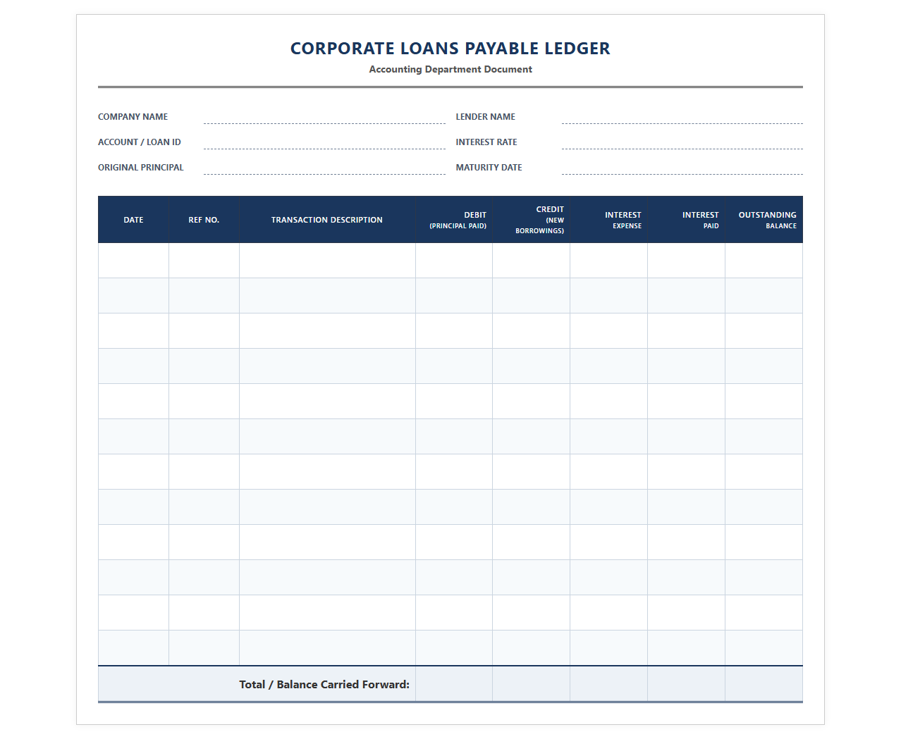 Corporate Loans Payable Accounting Ledger