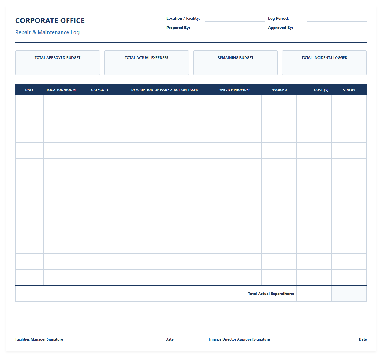 Corporate Office Repair and Maintenance Log