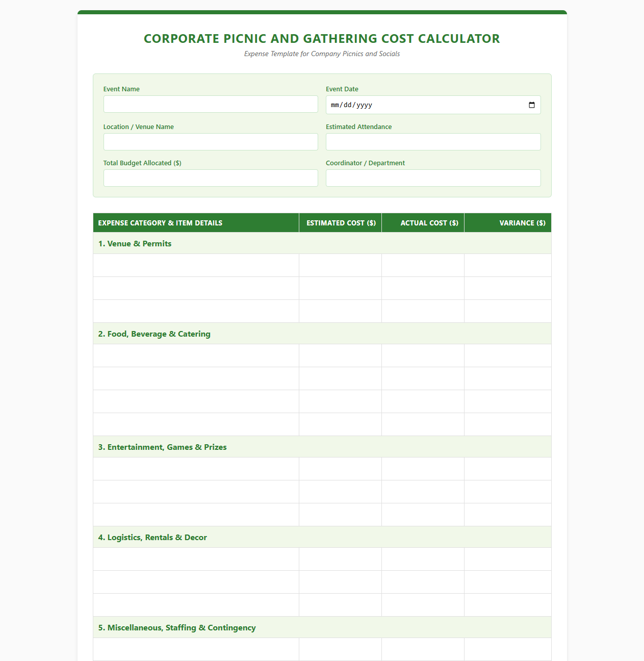 Corporate Picnic and Gathering Cost Calculator