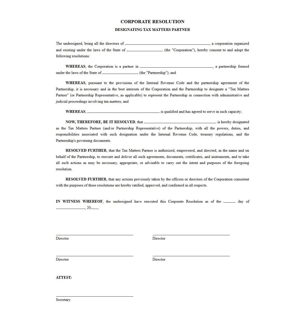 Corporate Resolution Designating Tax Matters Partner
