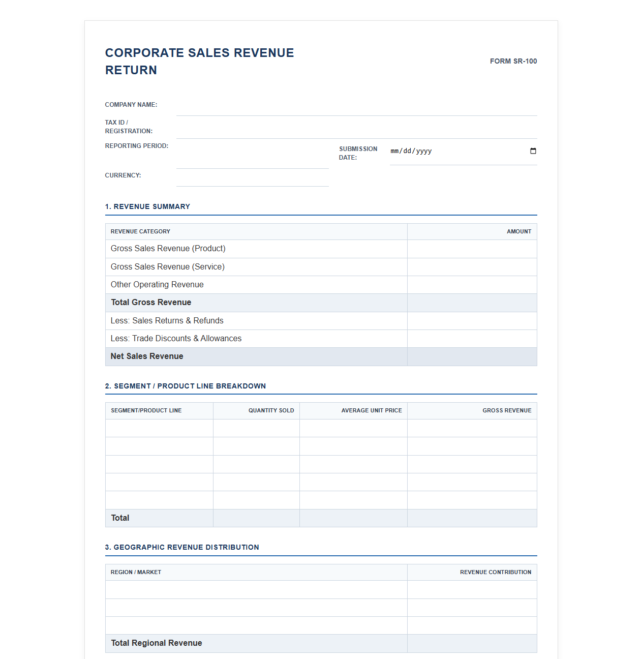 Corporate Sales Revenue Return Template