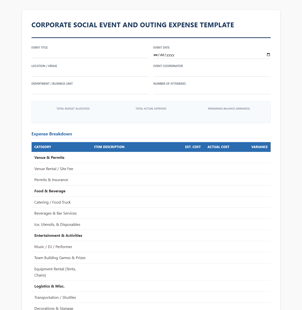 Corporate Social Event and Outing Expense Template