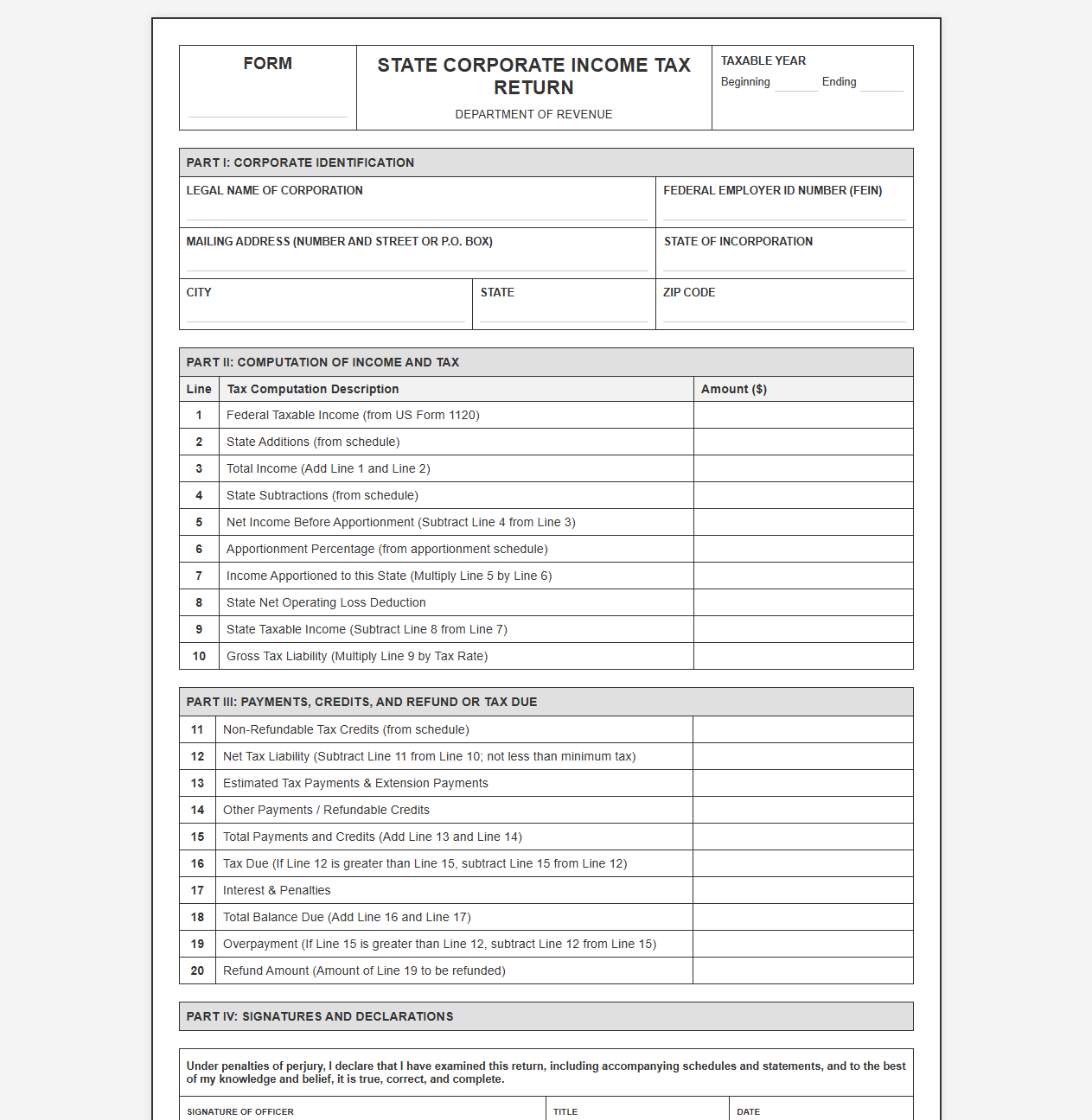 Corporate State Income Tax Return Template