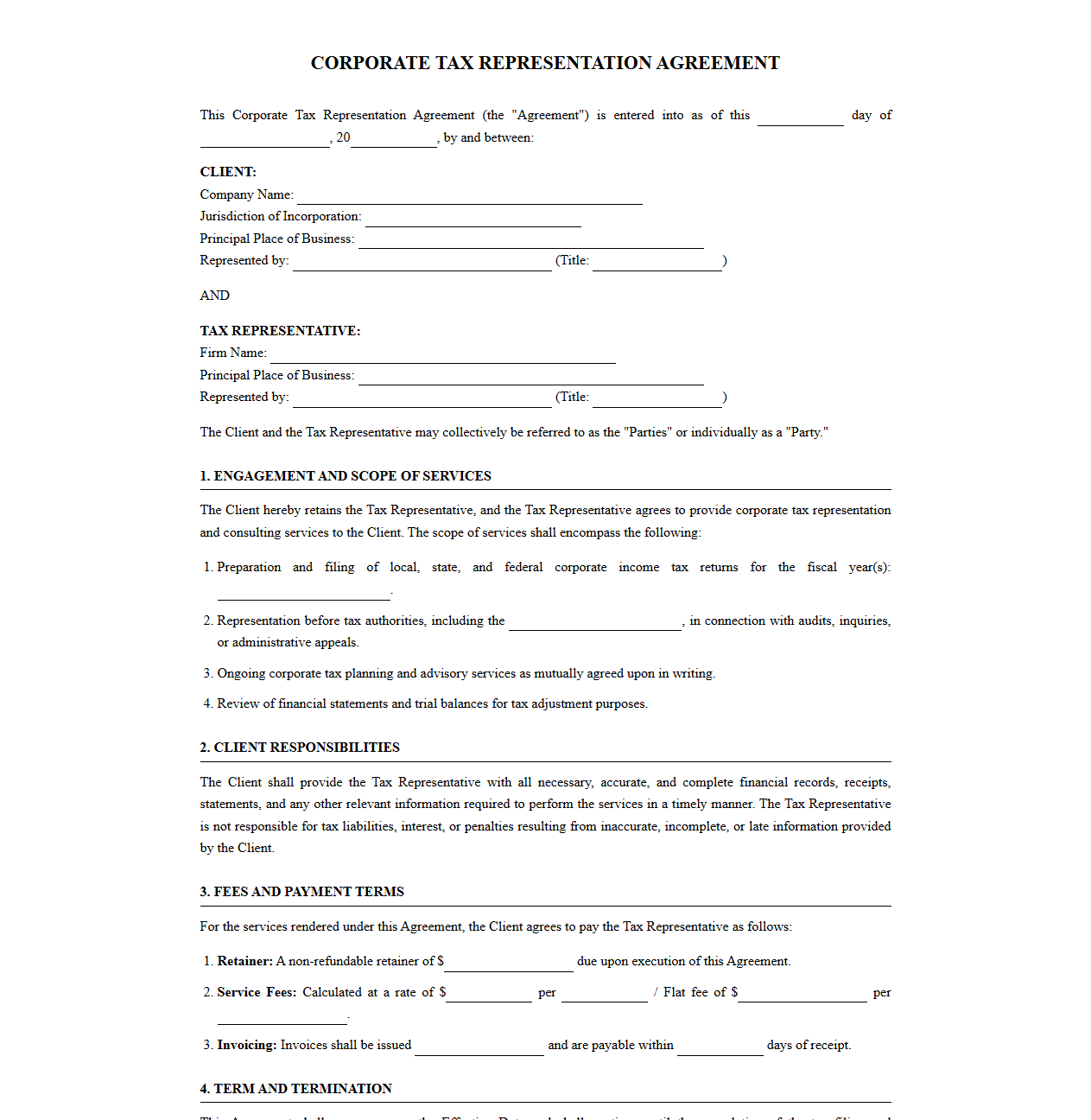 Corporate Tax Representation Agreement Template
